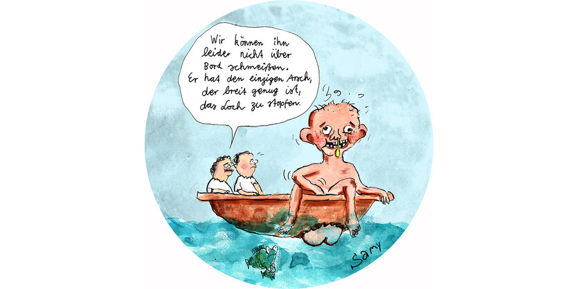 Drei Männer in einem Boot mit Leck. Einer sagt, dass sie den einen der drei nicht rausschmeißen können, weil es der einzige Arsch ist, der das Leck stopfen kann. Ein lustiger bunter Cartoon