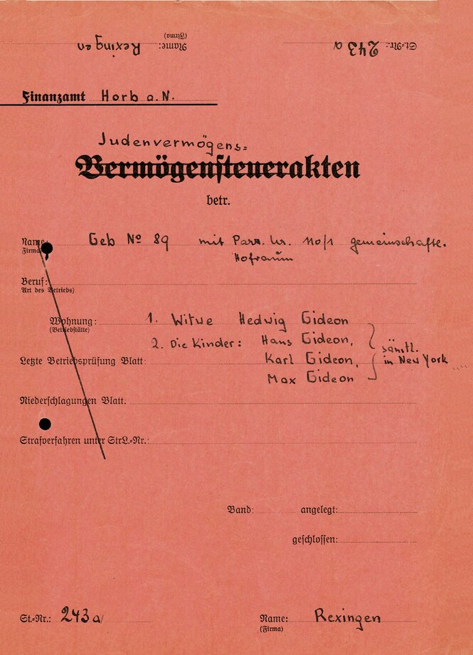 Roter Aktendeckel mit der Beschriftung: Judenvermögensakten