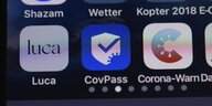apps nebeneinander:luca, covpass, corona-warn