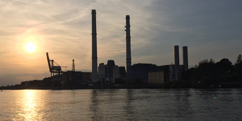 Am hohen Elbufer ein Kraftwerk mit zwei Schornsteinen im Abendlicht