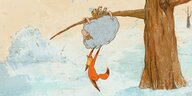 Szene aus Anna Kritskayas Animation „Dubak“: ein Eichhörnchen und ein Schaf in einer Winterlandschaft