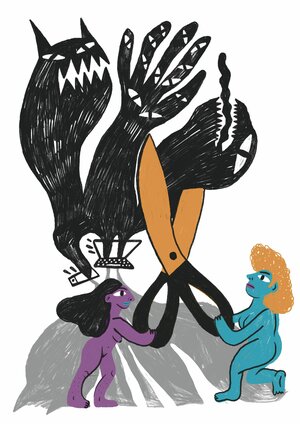 Illustration: Zwei Frauen bekämpfen mit einer Schere die bösen Nachrichten, die aus dem Smartphone und Computer kommen Illustration: Zwei Frauen bekämpfen mit einer Schere die bösen Nachrichten, die aus dem Smartphone und Computer kommen