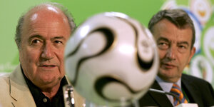 Sepp Blatter und Wolfgang Niersbach rechts und links von einem Fußball.