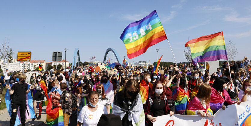 Teilnehmende auf einer Demonstration schwenken Regenbogenfahnen