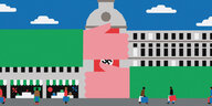 Zeichnung: Zwei Hände versuchen das Hakenkreuz an einem Gebäude zu verdecken, vor dem Menschen mit Einkaufstaschen gehen