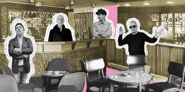 Die vier Mitglieder der Band Swansea Sound sind in das Foto einer Bar hinein collagiert