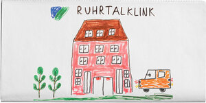 Eine Zeichnung von Christian Specht zeigt die Ruhrtalklinik als rotes Gebäude mit Bäumen und einem Auto davor