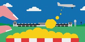 Eine Illustration zeigt den Flughafen Tempelhof aus weuter Ferne und im Vordergrund eine Hand, die eine Tüte mit Popcorn hält - hier im ausgedienten Flughafen gibt es neuerdings Kinofilme