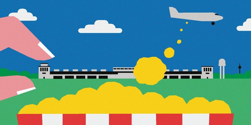 Eine Illustration zeigt den Flughafen Tempelhof aus weuter Ferne und im Vordergrund eine Hand, die eine Tüte mit Popcorn hält - hier im ausgedienten Flughafen gibt es neuerdings Kinofilme