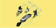 Wettlauf auf der Bahn: Fahrrad, Dreisrad, Auto und Fussgänger treten gegeneinander an
