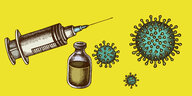Illustration von einer Impfspritze und vergrößerten Coronaviren