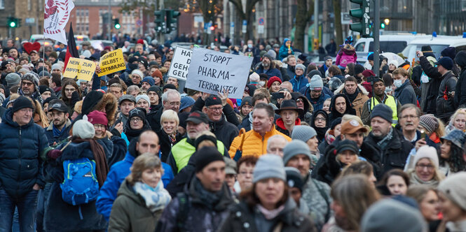 Demo-Zug auf der ein Plakat mit der Aufschrift "Stoppt Pharmaterroristen" zu sehen ist