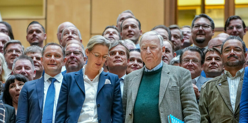 Abgeordnete der AfD Fraktion stehen eng beeinander für ein Gruppenfoto