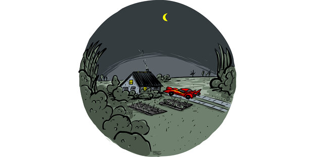 Ein roter Sportwagen vor einem kleinem Häuschen mitten in der Pampa. Es ist Nacht. Im Haus brennen die Lichter und der Schornstein raucht