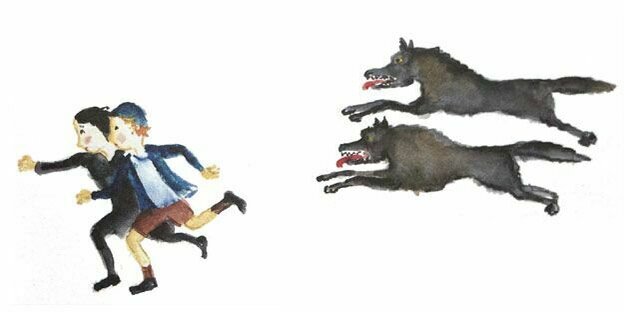 Zeichnung: zwei Wölfe springen dem Jungen und dem Mädchen hinterher