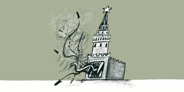 Illustration:Raketen und böse Zungen kommen aus den Toren des Kreml