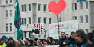 Demonstration in Hamburg mit einem Plakat "Fake Pandemie"