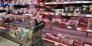 Einkaufswagen vor einem Kühlfach mit Fleischwaren