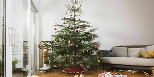 Weihnachtsbaum im Wohnzimmer, unter dem Baum liegen Reste von Geschenkpapier