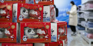 Ein Laden mit in Kartons verpackten Maskottchen der Winterspiele