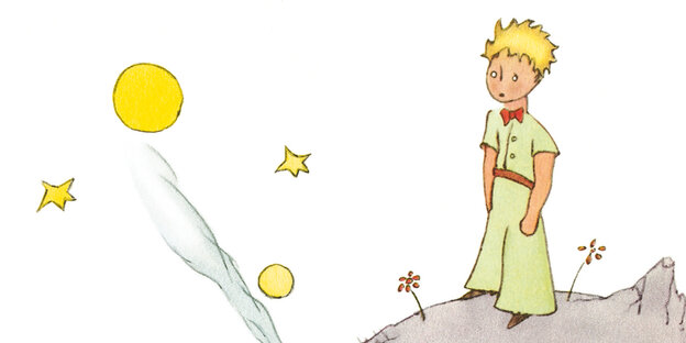 Bildausschnitt des Titels "Der kleine Prinz". Zu sehen in der kleine Prinz auf einem Planeten