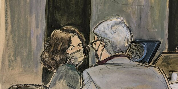 Zeichnung von Ghislaine Maxwell mit ihrem Verteidiger im Gerichtssaal