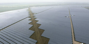 Luftaufnahme: Solarpaneele liegen über einer riesigen Fläche