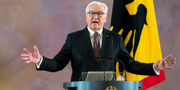 Frank-Walter Steinmeier an einem Rednerpult vor Deutschlandfahne