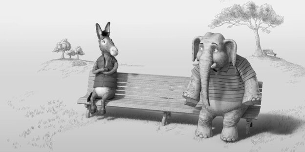 Ein Esel und ein Elefant sitzen auf einer Parkbank