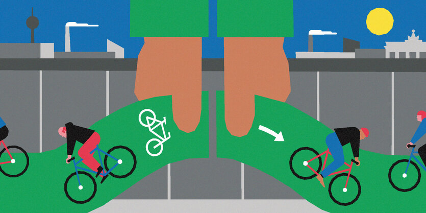 Zwei riesige Hände fügen zwei Teile eines Radwegs zusammen