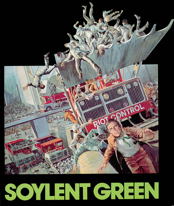 Eine Zeichnung vorn mit Charlton Heston als Robert Thorn, im Hintergrund ein Bagger mit Menschen auf seiner Schaufel, unter dem Bild der grüne Filmtitel "Soylent Green".