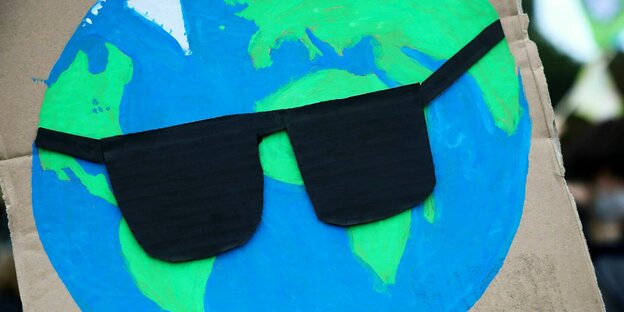 Gebasteltes Plakat von Demoteilnehmer "Fridays for Future" Erdkugel mit schwarzer Brille