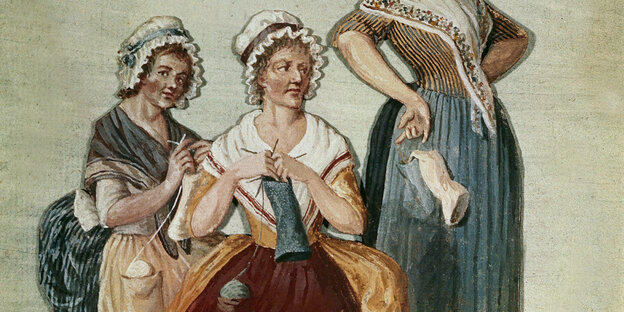 Ein historisches Gemälde zeigt drei Frauen, die stricken