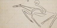 Zu sehen ist ein Pferd mit Jockey, von Franz Kafka auf ein liniertes Blatt mit Bliestift gezeichnet