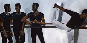 Vier Schwarze Tänzer zeigt dieses Gemälde. Drei sind entspannt im Gespräch, einer übt und hat ein Bein gerade nach oben gereckt.