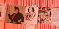 Zeitungsausschnitte und Collagen, auf denen unter anderem ein gezeichnetes Porträt der Autorin Elsa Maxwell zu sehen ist, hängen an einer Wäscheleine von