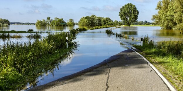 Eine überschwemmte Straße in einem Naturschutzgebiet in Nordrhein Westfalen