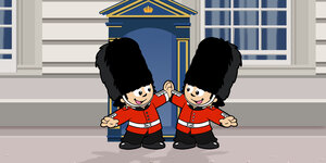 zwei Mainzelmännchen in Uniform der königlichen Wachen in London