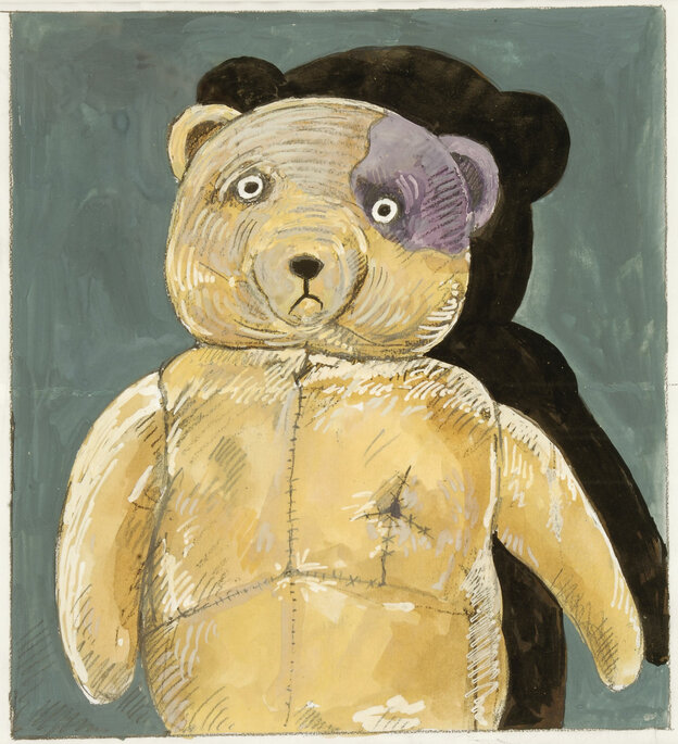 Ein Teddybär mit Blessuren in einer farbigen Zeichnung Ein Teddybär mit Blessuren in einer farbigen Zeichnung