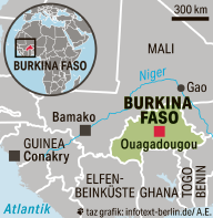 Karte von Westafrika mit den Ländern Mali, Burkina Faso und Guinea