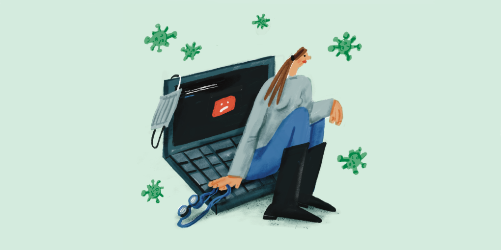 Die Illustration zeigt eine Frauenfigur, die auf einem geöffneten Laptop sitzt. Um sie herum fliegen Coronaviren