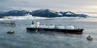 Ein Gas Tanker auf See im hintergrund eine verschneite Küste