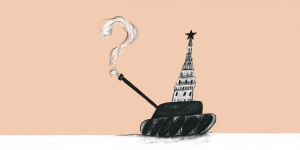 Illustration: Der Kreml aufgebockt auf einem Panzer mit rauchendem Kanonenrohr