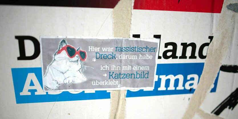 Ein Katzenaufkleber überdeckt AFD Wahlwerbung