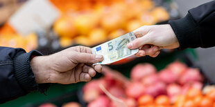 Ein 5 Euro-Schein zwischen 2 Händen, dahinter unscharf buntes Obst