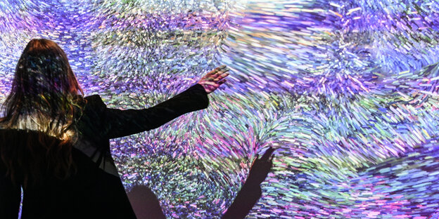 In der Ausstellung Monets Garten nimmt eine Kamera Bewegungen der Besucher auf und setzt sie digital in einem Bild Monets um - das wirkt dann wie ein Fischschwarm