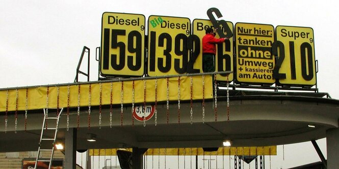 Eine Person ändert den Bezinpreis an einer Tankstelle.