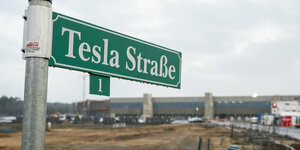 Das Foto zeigt ein grünes Straßenschild mt der Aufschrift "Tesla-Straße" an einer Zufahrt zu der noch nicht eröffneten Tesla-Autofabrik bei Grünheide.