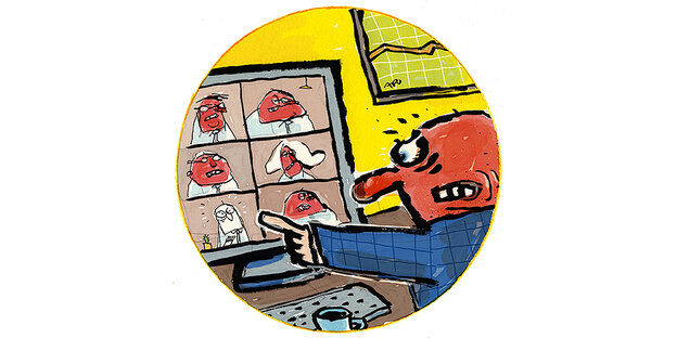 farbiger Cartoon zeigt einen Mann bei einem Zoom-Call mit Zornesröte im Gesicht. Die Teilnehmer in den Videokacheln sind ebenfalls wütend