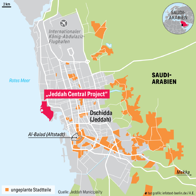 Eine Karte von Jeddah zeigt die als "Slums" markierten Viertel der Stadt.